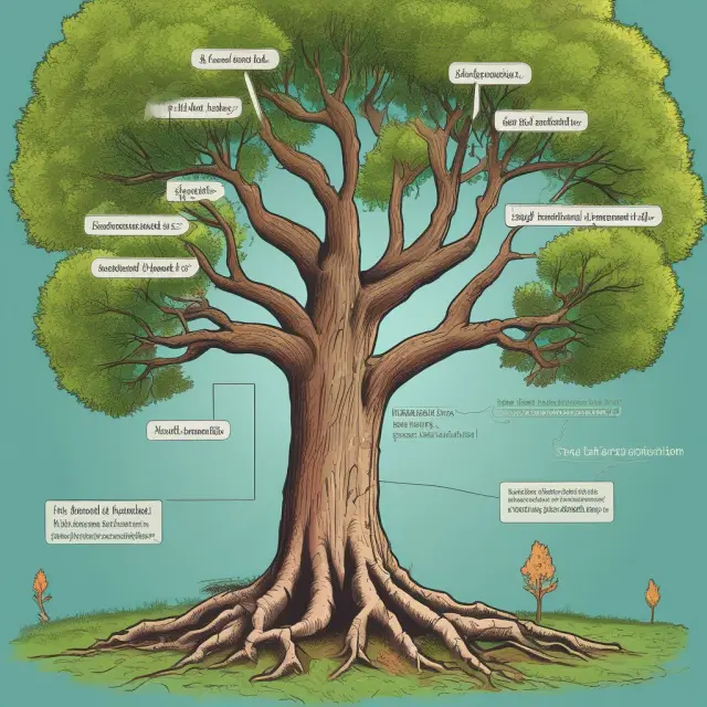 A tree with roots symbolizing bond issuance and repayment, a trunk representing the term to maturity, branches signifying regular interest payments, and leaves illustrating credit ratings