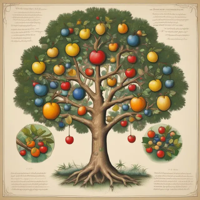 A metaphorical tree adorned with interchangeable fruits representing various matured derivatives: options and swaps, highlighting their unique characteristics