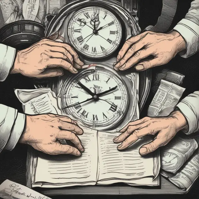 Two hands exchange roles on a clock, representing the transformation of obligations upon reaching maturity dates in financial contracts