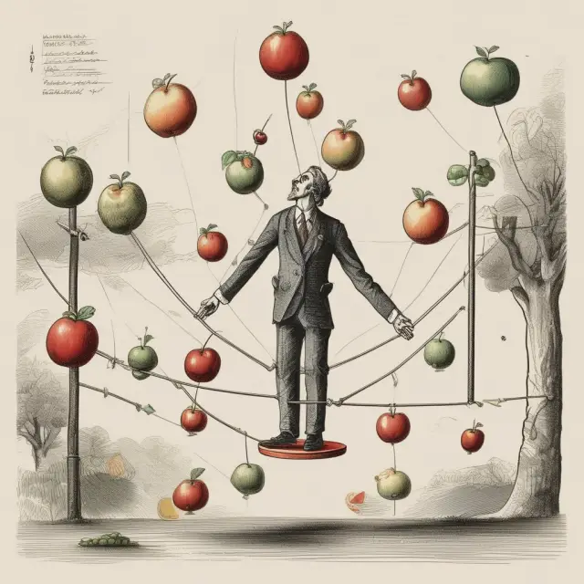 An individual juggling various fruit representations of assets with varying maturities on a tightrope, symbolizing financial management amidst market fluctuations and regulatory compliance