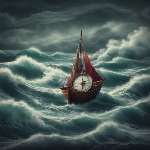 An investor navigating tumultuous waters, maintaining a course towards the goal of minimum maximum drawdown