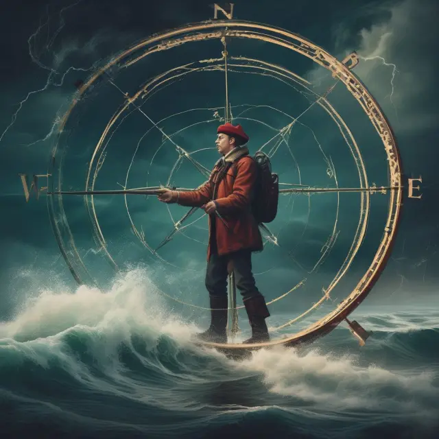 An investor bravely rowing through stormy financial waters while using a compass to steer towards optimal asset allocation and minimize maximum drawdown