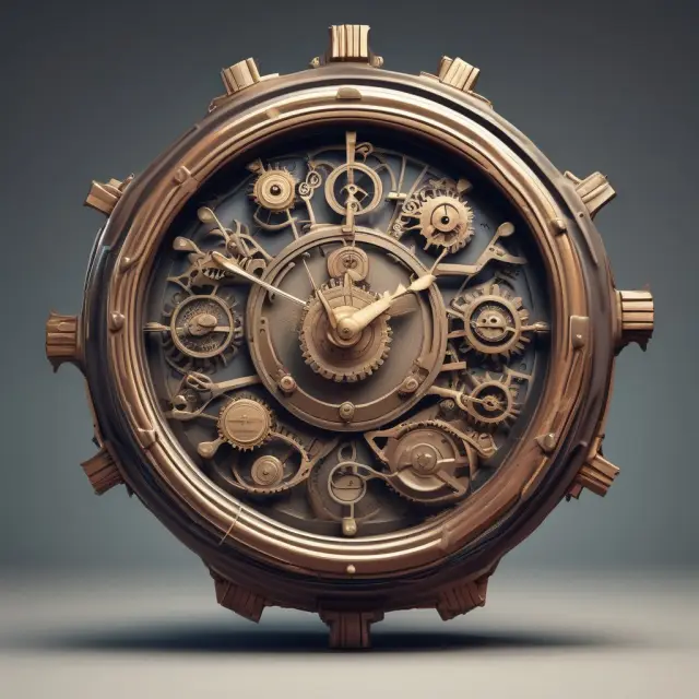 Clock illustrating Maximum Drawdown in portfolio management, showing interconnected gears representing asset classes temporarily halted.