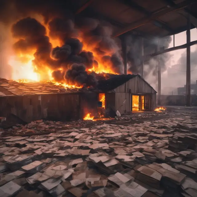 A burning warehouse symbolizes potential maximum financial loss for a company, including business interruption