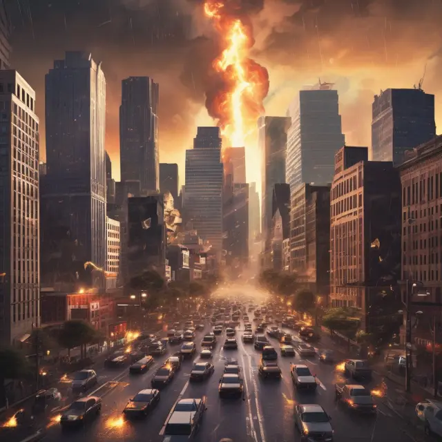 A city engulfed in flames and torrential rain of dollars illustrating Maximum Foreseeable Losses for Business Interruption