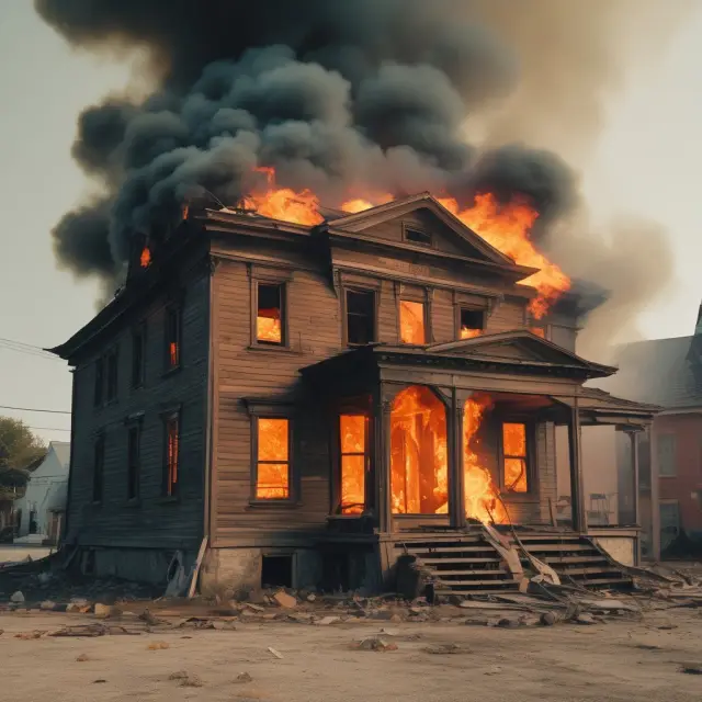 An old wooden building on fire, with no protection systems and under-resourced firefighting services. Potential business interruption and high losses.