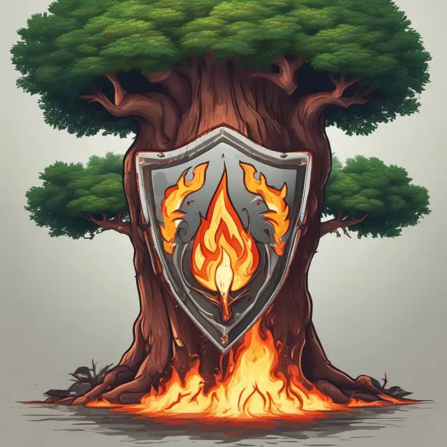 Shield emblem with a tree and fire: Insurance planning and disaster recovery protecting against losses