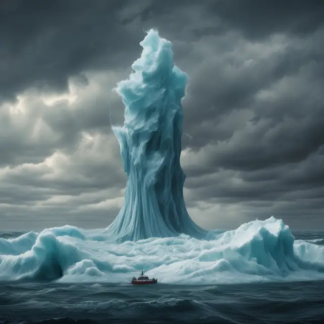 Institutional investor balancing on an iceberg amidst turbulent waters, symbolizing Maximum Foreseeable Loss (MFL) risk management