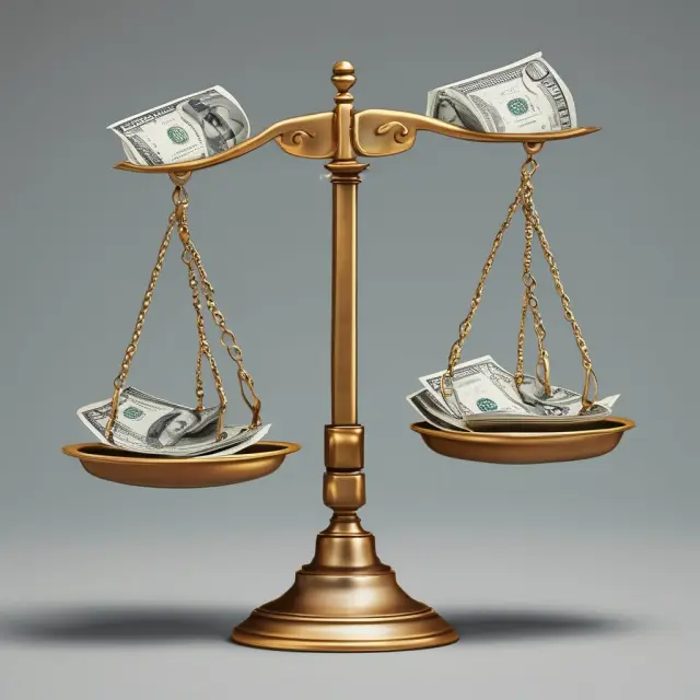 Scales with dollars representing stocks and options, striking balance in market equilibrium