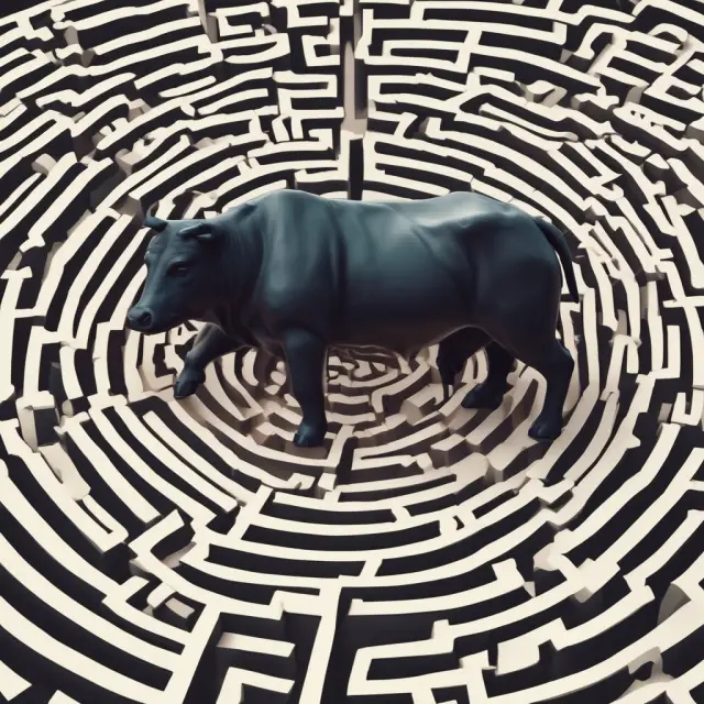 A bull and bear trapped in an intricate maze, each carrying misaligned compasses representing the challenges in using Max Pain Theory as a trading strategy