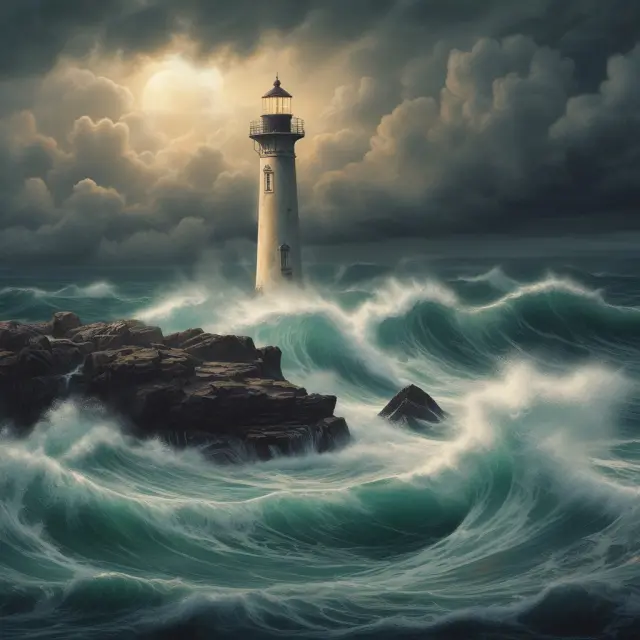 A lighthouse representing max pain strategy, with straddles and strangles as boats seeking its guidance in choppy option waters