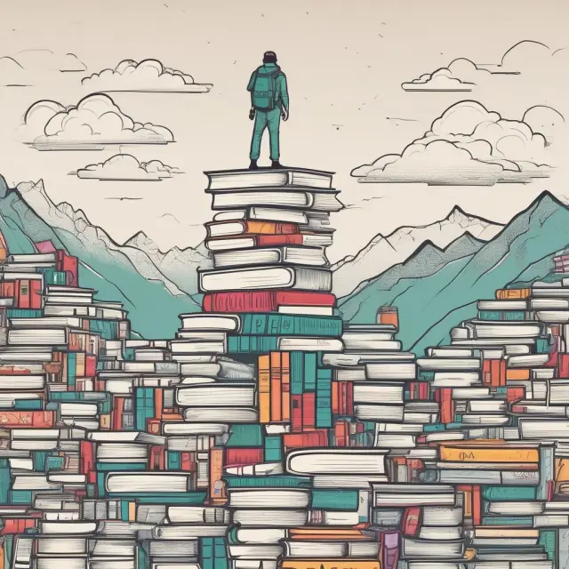 A person triumphantly holding a GMAT scorecard on a mountain peak surrounded by books and study materials