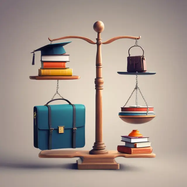A scale illustrating full-time, part-time, and online MBA programs, balancing education with career commitments.