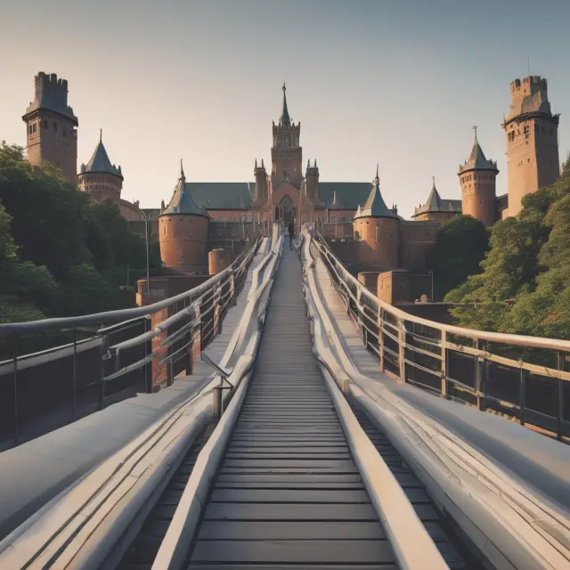 Seven prestigious business schools symbolized as a fortified bridge, representing the strong foundation and network gained through their programs
