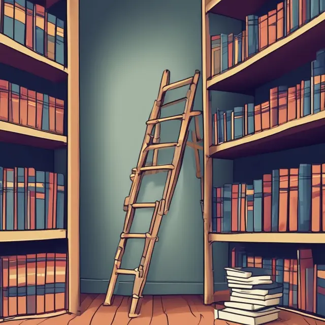 A wooden ladder leaning against a grand library, filled with books symbolizing an MBA program.