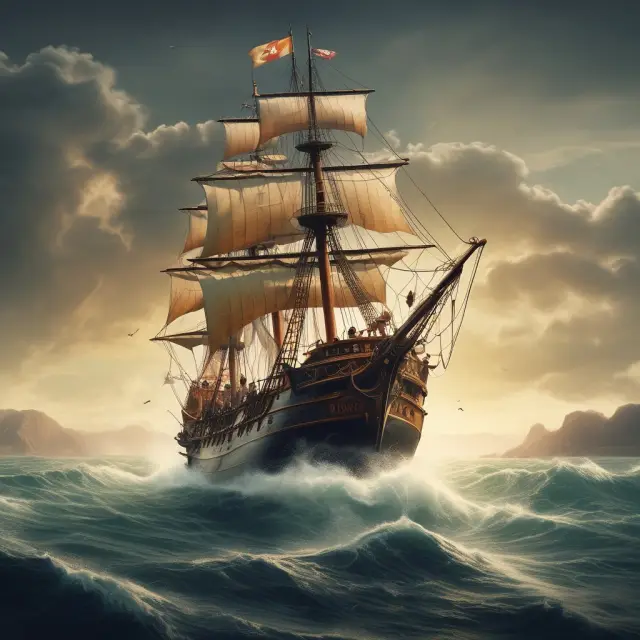 A management team steers a ship through turbulent waters towards a golden harbor, representing their journey to execute a successful Management Buyout.