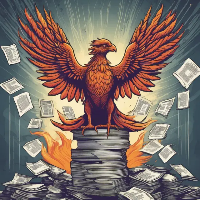 A phoenix rising from a stack of financial reports, illustrating a successful management buyout.