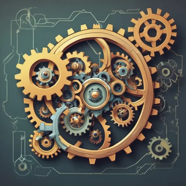 An intricate gear system represents MBO financing methods: personal resources, private equity, debt financing, seller financing, mezzanine financing, strategic partnerships, and venture capital.