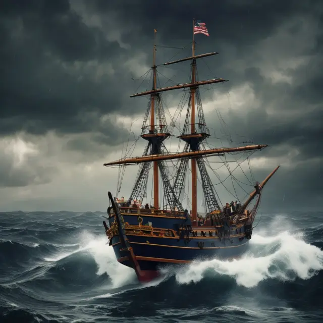 A team navigating a stormy sea on a ship, illustrating the trials and tribulations of a Management Buyout (MBO).