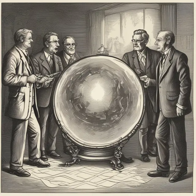 A management team gathered around a crystal ball, appearing ready to purchase an ancient business parchment through an MBO