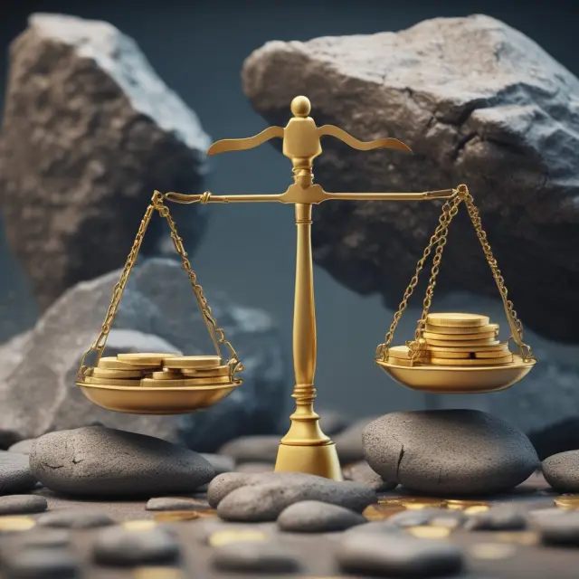 A golden scale balances attractive yields (gold coins) from mortgage-backed securities against potential risks including prepayment risk, interest rate fluctuations and regulatory changes.