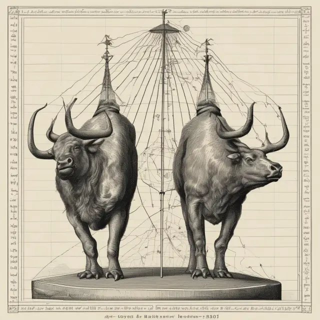 A McClellan Oscillator pendulum with bulls and bears representing stock trends, illustrating divergence signals.