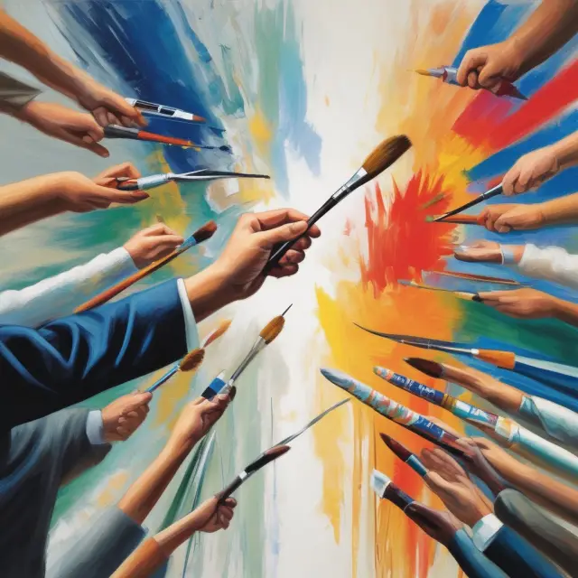 Leader using a paintbrush to influence the colors and shapes representing team members in an evolving organizational culture