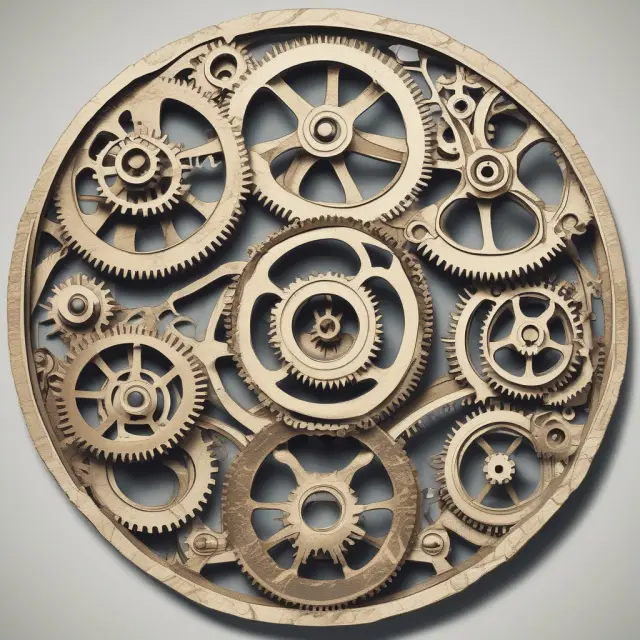Clockwork gears symbolize the interconnected McKinsey 7S factors: strategy, structure, systems, shared values, skills, style, and staff.