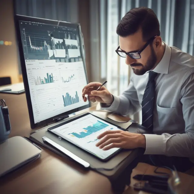 An institutional investor scrutinizing website traffic data on a tablet, emphasizing the importance of this metric in assessing potential investments