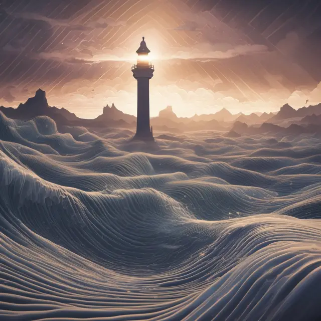 An image of a lighthouse standing tall in the midst of turbulent waves, symbolizing the median as a reliable and robust measure amidst varying data sets.