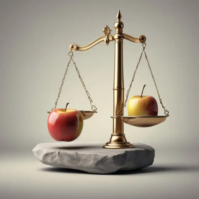 A balanced scale symbolizes median and mean in statistics. The middle stone represents the median, while the apple atop the other side embodies the mean, with an outlier causing a shift.