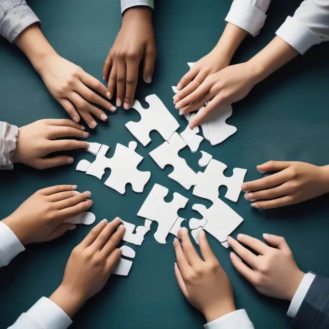 Two hands, one representing the federal government and the other a state, collaborating to assemble a Medicaid jigsaw puzzle