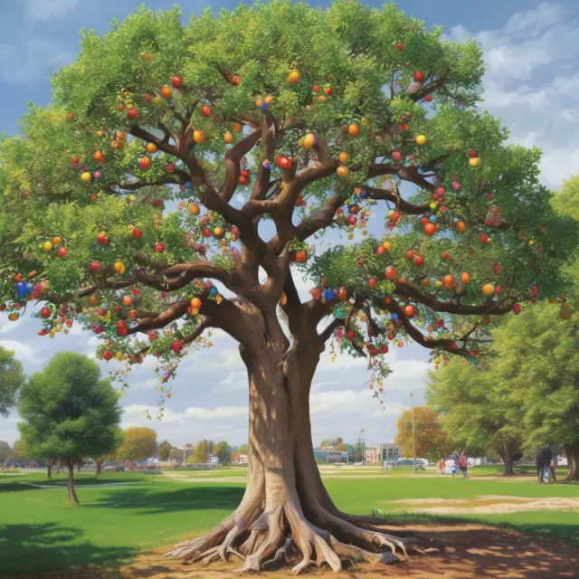 A lush tree bursting with fruit symbolizes the advantages of Medicaid: reducing uninsured population and improving access to preventive care, ultimately contributing to overall wellbeing.