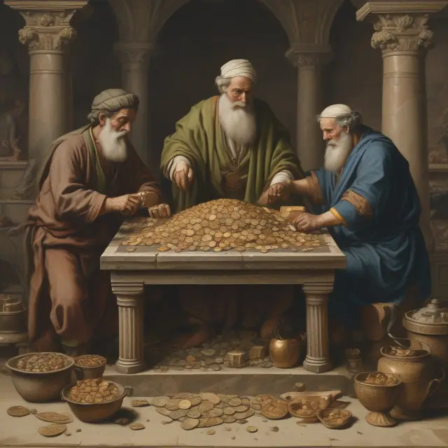 Traders exchanging gold (ancient) and currency (modern), representing historical mediums of exchange evolution