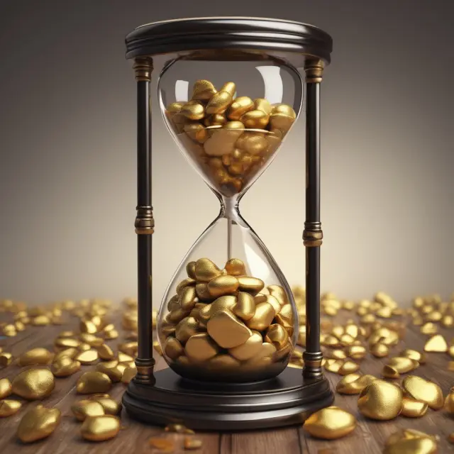 An hourglass filled with golden nuggets transitioning into a pile of gold bars - Historical Gold Exchange