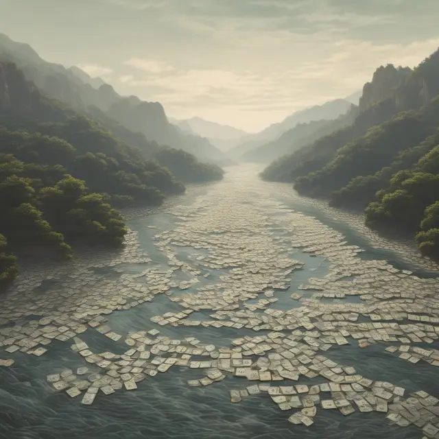 Image of a meandering river flowing with gold coins symbolizing the role of money as an efficient medium for economic exchanges among various economies