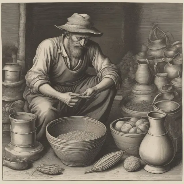 Two individuals engaged in bartering, each with a surplus of different commodities, illustrating the difficulties in exchanging diverse goods