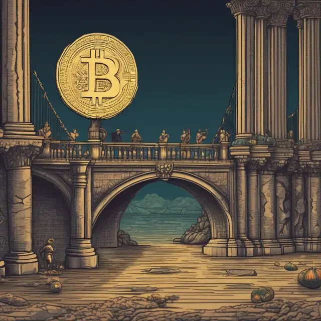 An image of cryptocurrencies floating between an ancient market scene with people exchanging goods, and a modern banking hall