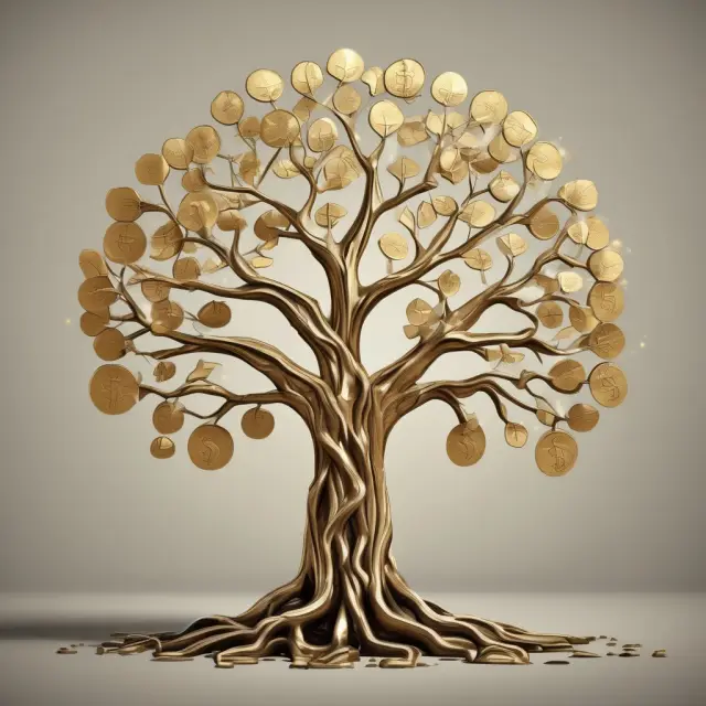 Golden coin tree with question mark leaves for FAQs on mediums of exchange