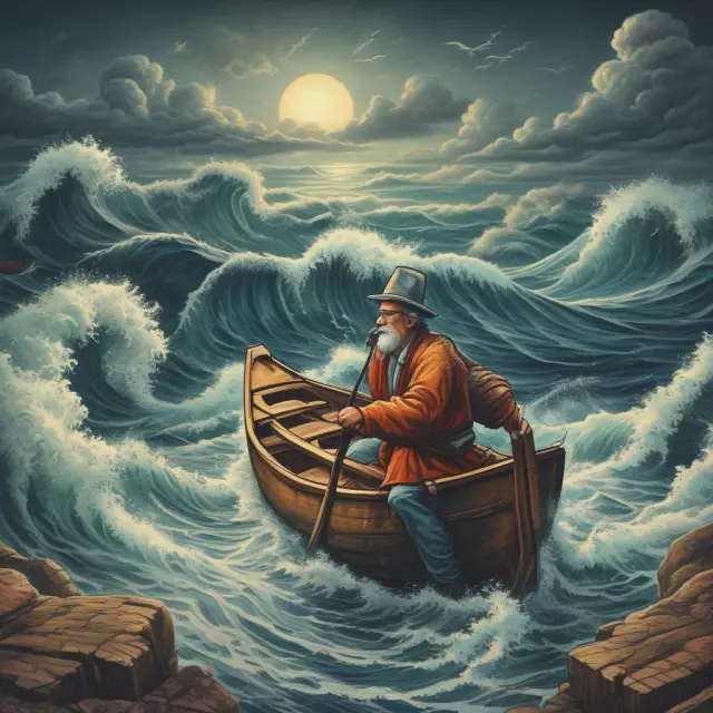 An investor on a ship braves stormy waters, using a compass and charts to navigate the market