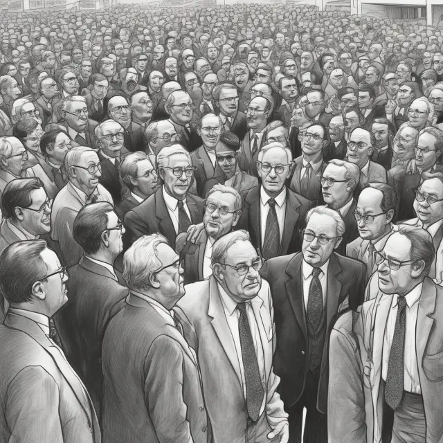 Two investors: a crowd of FOMO buyers and Warren Buffett examining an ascending stock chart, emphasizing melt up strategies
