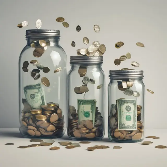 Interconnected jars representing mental accounting, with money flowing between them, emphasizing the importance of treating all money as interchangeable