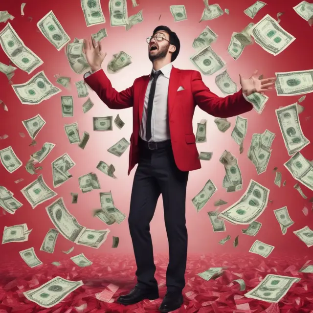 A person juggling numerous piles of money, some green for savings and some red for debt, symbolizing the illogical practice of maintaining separate funds while carrying high-interest debts.