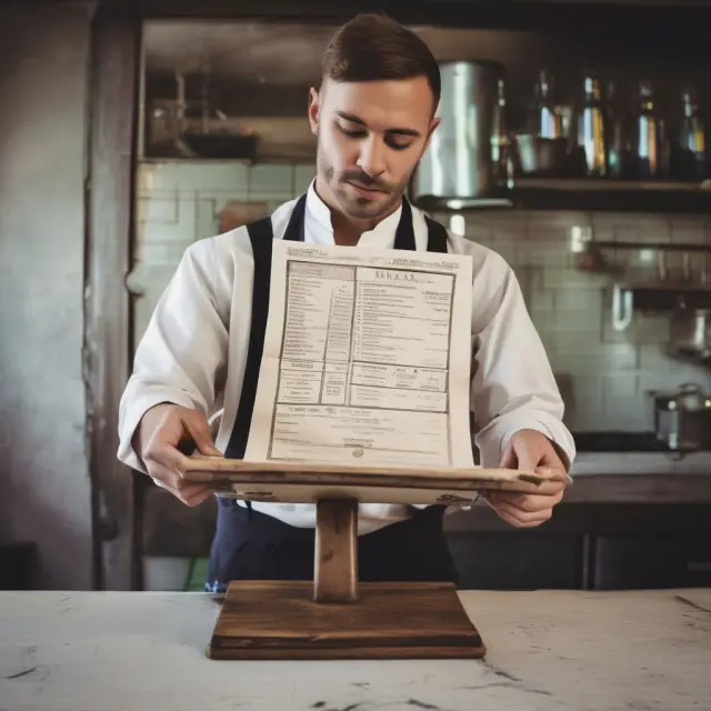 A chef holding an old menu and a new menu, symbolizing the tradeoff between menu costs and price changes in a restaurant context