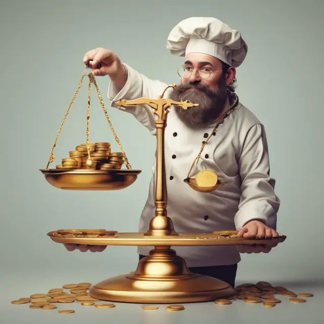Chef balancing gold coins on a scale, representing the challenge of managing menu costs for businesses