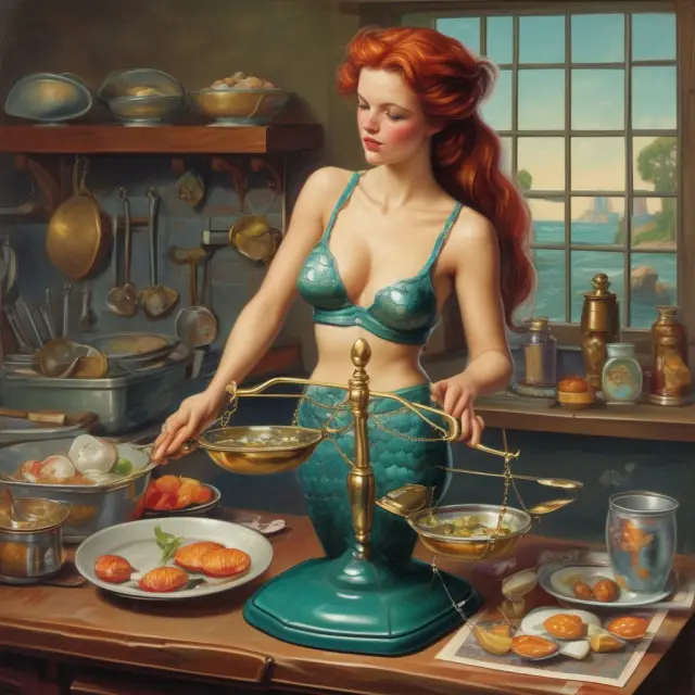 Mermaid adjusting scales in a kitchen represents menu costs affecting pricing strategies across various industries