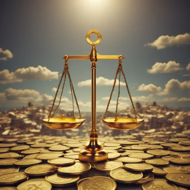 A golden scale with one side weighing down heavily on a mountain of gold, illustrating the mercantilist belief in accumulating wealth through a positive trade balance.