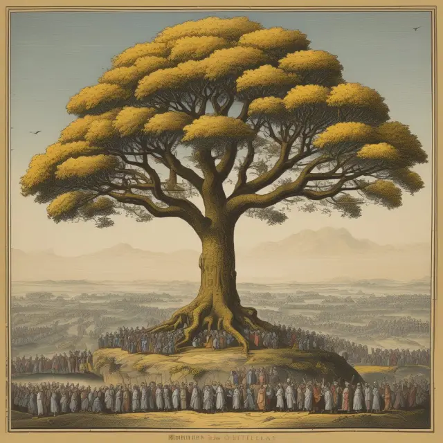 A golden tree with finite wealth, expanding population roots, colonies as branches bearing raw materials, and protective tariff walls symbolizing mercantilist principles.