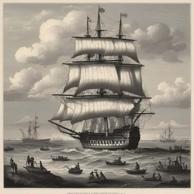 An English ship navigating the waters of a colonial landscape as it sets sail, symbolizing mercantilist economic policies