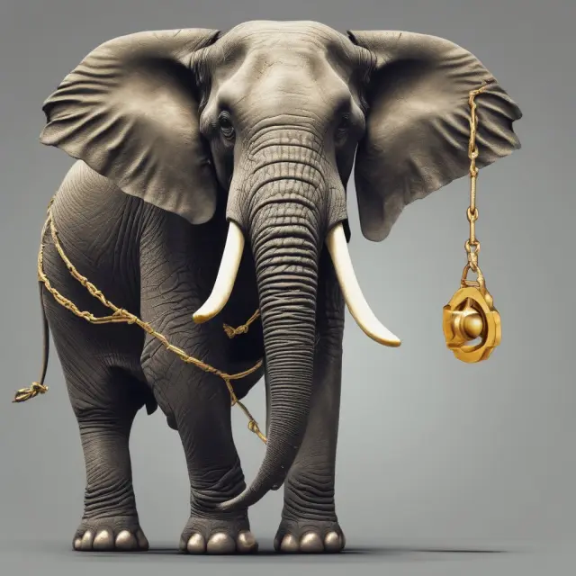 An elephant, symbolizing mercantilism, burdened by shackles and holding a golden scale, representing protectionist costs and colonial trade inequalities